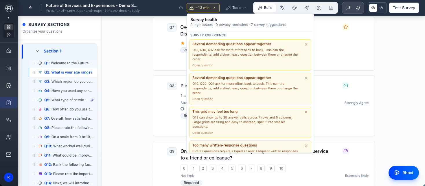 Quali-Fi survey builder with Survey health open, showing experience suggestions beside the questionnaire
